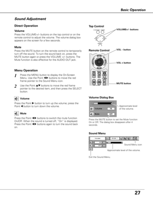 Page 2727
Basic Operation
Sound Adjustment
T op Control
VOLUME+/- buttons
Remote ControlVOL – button
MUTE button
VOL + button
1
2
Press the MENU button to display the On-Screen
Menu. Use the Point 
7 8buttons to move the red
frame pointer to the Sound Menu icon.
Press the VOLUME+/– buttons on the top control or on the
remote control to adjust the volume. The volume dialog box
appears on the screen for a few seconds.
Press the MUTE button on the remote control to temporarily
turn off the sound. To turn the sound...