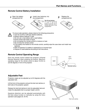 Page 13
13

Part Names and Functions
Adjustable Feet
Point  the  remote  control  toward  the  projector  (Infrared 
Remote  Receiver)  when  pressing  the  buttons.  Maximum 
operating  range  for  the  remote  control  is  about  16.4'(5  m) 
and 60 degrees in front of the projector.
Remote Control Operating Range
Projection angle can be adjusted up to 8.9 degrees with the 
adjustable feet. 
Lift the front of the projector and pull the feet lock latches on 
both side of the projector upward.
Release the...