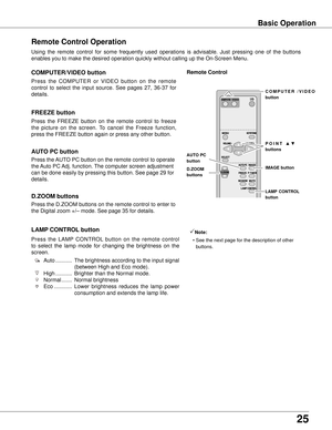 Page 25
25

Basic OperationBasic Operation
Remote Control Operation
Using  the  remote  control  for  some  frequently  used  operations  is  advisable.  Just  pressing  one  of  the  buttons 
enables you to make the desired operation quickly without calling up the\
 On-Screen Menu.
Press  the  COMPUTER  or  VIDEO  button  on  the  remote 
control  to  select  the  input  source.  See  pages  27,  36-37  for 
details.
COMPUTER/VIDEO button
Press  the  FREEZE  button  on  the  remote  control  to  freeze 
the...