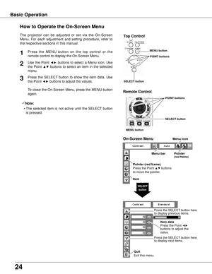 Page 2424
Basic OperationHow to Operate the On-Screen Menu
The  projector  can  be  adjusted  or  set  via  the  On-Screen 
Menu.  For  each  adjustment  and  setting  procedure,  refer  to 
the respective sections in this manual.
Use  the  Point 
◄►  buttons  to  select  a  Menu  icon.  Use 
the  Point 
▲▼  buttons  to  select  an  item  in  the  selected 
menu.
Press  the  SELECT  button  to  show  the  item  data.  Use 
the Point 
◄► buttons to adjust the values.
To close the On-Screen Menu, press the MENU...