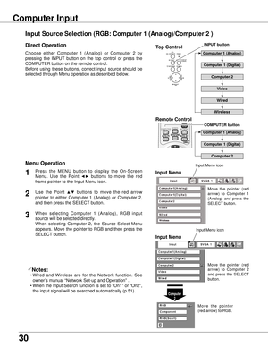 Page 300
Choose  either  Computer  1  (Analog)  or  Computer  2  by 
pressing  the  INPUT  button  on  the  top  control  or  press  the 
COMPUTER button on the remote control.
Before  using  these  buttons,  correct  input  source  should  be 
selected through Menu operation as described below.
Press  the  MENU  button  to  display  the  On-Screen 
Menu.  Use  the  Point 
◄►  buttons  to  move  the  red 
frame pointer to the Input Menu icon.1Input Menu
Use  the  Point ▲▼  buttons  to  move  the  red...