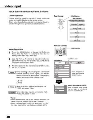 Page 4040
Choose  Video  by  pressing  the  INPUT  button  on  the  top 
control or the VIDEO button on the remote control.
Before  using  these  buttons,  correct  input  source  should  be 
selected through menu operation as described below.
Use  the  Point ▲▼  buttons  to  move  the  red  arrow 
pointer  to  Video  and  then  press  the  SELECT  button  to 
display the Source Select Menu.
1
2
Move  the  pointer  to 
Video  and  press  the 
SELECT button.
VIDEO
Move  the  pointer  to  the  source 
that  you...