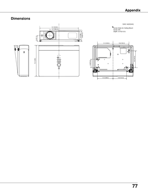 Page 7777
Appendix
Dimensions
10.3 (262) 
13.15(334)
2.0(51.3)
3.17(80.5)
5.1(129.0)5.2(132.0)
2.8(70.5)
5.1(129.0)4.4(112.5)
5.5(140.0)
3.1(78)3.6(91.3)
Unit: inch(mm)
Screw Holes for Ceiling Mount
Screw: M4
Depth: 0.472(12.0) 