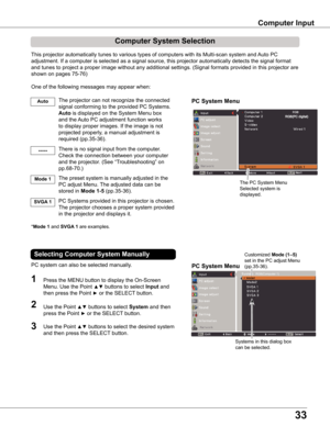 Page 33
33

Computer	Input
PC	System	Menu
PC	System	Menu
Computer	System	Selection
This projector automatically tunes to various types of computers with its Multi-scan system and Auto PC 
adjustment. If a computer is selected as a signal source, this projector automatically detects the signal format 
and tunes to project a proper image without any additional settings. (Signal formats provided in this projector are 
shown on pages 75-76)
One of the following messages may appear when:
The projector can not...