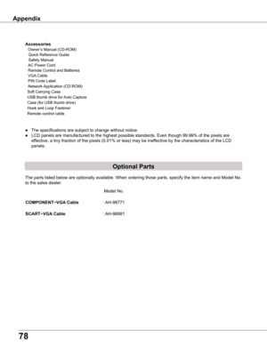 Page 78
8

Appendix
	 			Model No.
COMPONENT~VGA	Cable																				: AH-98771
SCART~VGA	Cable																															: AH-98881
The parts listed below are optionally available. When ordering those parts, specify the item name and Model No. 
to the sales dealer.
Optional	Parts
Accessories
 Owner’s Manual (CD-ROM)
   Quick Reference Guide 
   Safety Manual 
 AC Power Cord 
 Remote Control and Batteries                     
 VGA Cable  
 PIN Code Label 
 Network Application (CD-ROM)
  Soft...