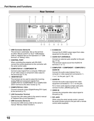 Page 10
10

Part	Names	and	Functions
Rear	Terminal	
⑧ S-VIDEO	IN
 Connect the S-VIDEO output signal from video 
equipment to this jack (p.18).
⑪ AUDIO	IN
 Connect the audio output signal from video 
equipment connected to ⑧ or ⑫ to this jack. 
For a mono audio signal (a single audio jack), 
connect it to the L (MONO) jack (p.18).
⑩ COMPUTER	 1	COMPONENT	 /	COMPUTER	 	
AUDIO	IN
  Connect the audio output (stereo) from a 
computer or video equipment connected to ③, 
④ or ⑤ to this jack. (pp17, 19)
⑫ VIDEO...