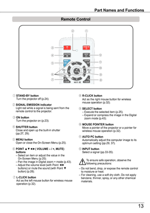 Page 13① STAND-By button Turn the projector off (p.24).
③ ON button  Turn the projector on (p.23).
⑫ INPUT button Select a signal (pp.33-35).
⑦ L-CLICK button Act as the left mouse button for wireless mouse operation (p.32).
② SIGNAL  EMISSION indicator Light red while a signal is being sent from the remote control to the projector.
⑥ POINT ▲▼◄►( VOLUME – / +, MUTE) buttons – Select an item or adjust the value in the On-Screen Menu (p.25).  – Pan the image in Digital zoom + mode (p.43).  – Adjust the volume...