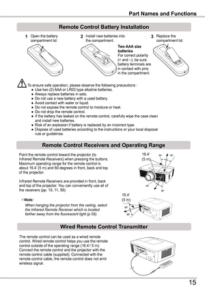 Page 15123Open the battery compartment lid.Install new batteries into the compartment.Replace the compartment lid.
Two AAA size batteriesFor correct polarity (+ and –), be sure battery terminals are in contact with pins in the compartment.
To ensure safe operation, please observe the following precautions : ● Use two (2) AAA or LR03 type alkaline batteries. ● Always replace batteries in sets. ● Do not use a new battery with a used battery. ● Avoid contact with water or liquid. ● Do not expose the remote control...