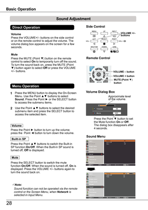 Page 28Side Control
Basic Operation
1
2
Press the MENU button to display the On-Screen Menu. Use the Point ▲▼ buttons to select Sound. Press the Point ► or the SELECT button to access the submenu items. 
Press the VOLUME+/– buttons on the side control or on the remote control to adjust the volume. The volume dialog box appears on the screen for a few seconds.
Press the MUTE (Point ▼) button on the remote control to select On to temporarily turn off the sound. To turn the sound back on, press the MUTE (Point ▼)...