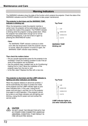 Page 72The WARNING indicators show the state of the function which protects the proj\
ector. Check the state of the WARNING indicators and the POWER indicator to take proper maintenance. 
The projector is shut down and the WARNING TEMP . indicator is blinking red .
When the temperature inside the projector reaches acertain level, the projector will be automatically shut down to protect the inside of the projector. The POWER indicator is blinking while the projector is being cooled down. When the projector has...