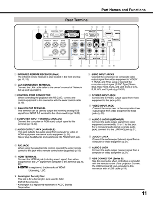 Page 1111
⑦ R/C jACK When using the wired remote control, connect the wired remote control to this jack with a remote control cable (supplied) (p.15).
⑮ USB CONNECTOR (Series B) Use this connector when controlling a computer with the remote control of the projector. Connect the USB terminal of your computer to this connector with a USB cable (p.19).
⑭ AUDIO 2 jACK Connect the audio output (stereo) signal from a computer or video equipment (p.21).
⑪ VIDEO INPUT jACK Connect the component or the composite video...