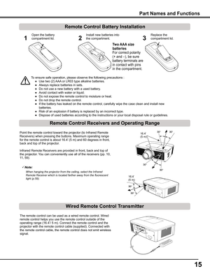 Page 1515
123
Open the battery 
compartment lid.
Install new batteries into 
the compartment.
Replace the 
compartment lid.
To ensure safe operation, please observe the following precautions :
 ● Use two (2) AAA or LR03 type alkaline batteries.
 ● Always replace batteries in sets.
 ● Do not use a new battery with a used battery.
 ● Avoid contact with water or liquid.
 ● Do not expose the remote control to moisture or heat.
 ● Do not drop the remote control.
 ● If the battery has leaked on the remote control,...