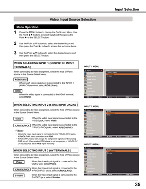 Page 3535
When the video input signal is connected to the 
Y-Pb/Cb-Pr/Cr jacks, select y,Pb/Cb,Pr/Cr.
When the video input signal is connected to the 
VIDEO jack, select Video.
When the video input signal is connected to the 
S-VIDEO jack, select S-video.
When connecting to video equipment, select the type of Video source 
in the Source Select Menu. 
When the video input signal is connected to the 
Y-Pb/Cb-Pr/Cr jacks, select y,Pb/Cb,Pr/Cr.
When the video input signal is connected to the 
VIDEO jack, select...