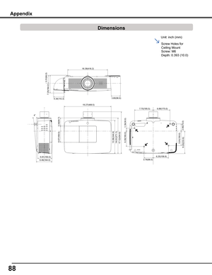 Page 8888
Appendix
Dimensions
Appendix
Unit: inch (mm)
3.31(84.0)
16.39(416.2)
6.46(164.0) 5.91(150.0) 19.27(489.5)
7.25(184.2)
3.34(84.7)
6.67(169.5)14.61(371.1)
6.25(158.8)
5.91(150.0)
6.89(175.0)
2.95(75.0) 1.18(30.0)
7.70(195.5)
3.78(96.0)
6.30(160.0)
17.12(434.8)
3.80(96.6)
4.34(1 10.3)
9.20(233.6)
4q
13.58(344.9)
Screw Holes for 
Ceiling Mount
Screw: M6
Depth: 0.393 (10.0) 