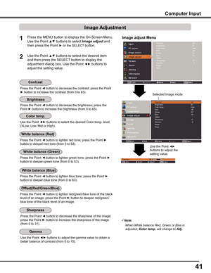 Page 41
41

Computer	Input
Image	adjust	MenuPress the MENU button to display the On-Screen Menu. 
Use the Point ▲▼ buttons to select Image	adjust and 
then press the Point ► or the SELECT button.
1
2Use the Point ▲▼ buttons to select the desired item 
and then press the SELECT button to display the 
adjustment dialog box. Use the Point ◄► buttons to 
adjust the setting value.
Note:
 When	White	balance	Red,	Green	or	Blue	is		
	adjusted,	Color temp.	will	change	to	Adj..
Press the Point ◄ button to decrease the...