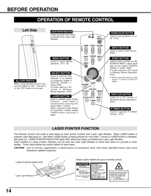 Page 1414
BEFORE OPERATION
VOLUME
ON-OFF
FOCUS
ZOOM
D.ZOOM
MENUMUTE
LASER
KEYSTONE
NO SHOWFREEZE
AUTO PC ADJ.IMAGE
P-TIMER
LOCK
INPUT
LENS SHIFT
OPERATION OF REMOTE CONTROL
ON
ALL OFF
ALL-OFF SWITCH
Left Side
When using Remote Control Unit,
turn this switch to “ON.”  And turn it
to “ALL OFF” when it is not used.
This Remote Control Unit emits a laser beam as laser pointer function from Laser Light Window.  When LASER button is
pressed, laser light goes on.  And when LASER button is being pressed for more than 1...