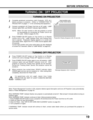 Page 1919
BEFORE OPERATION
TURNING ON PROJECTOR
Connect a projectors AC Power Cord into an AC outlet.  LAMP
Indicator lights RED, and READY Indicator lights GREEN.
Press POWER ON-OFF button on Top Control or on Remote
Control Unit to ON.  LAMP Indicator dims, and Cooling Fans
start to operate.  Preparation Display appears on a screen and
count-down starts. Signal from PC or Video source appears after
30 seconds.
Current Input position and Lamp mode status are also displayed
on screen for 5 seconds. (Refer to...