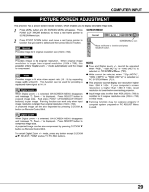 Page 2929
COMPUTER INPUT
PICTURE SCREEN ADJUSTMENT
This projector has a picture screen resize function, which enables you to display desirable image size.
Press MENU button and ON-SCREEN MENU will appear.  Press
POINT LEFT/RIGHT button(s) to move a red frame pointer to
SCREEN Menu icon.
When Digital zoom + is selected, ON-SCREEN MENU disappears
and message “D. Zoom +” is displayed.  Press SELECT button to
expand image size.  And press POINT UP/DOWN/LEFT/RIGHT
button(s) to pan image.  Panning function can work...