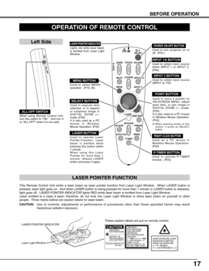 Page 1717
VOLUME
ON-OFF
FOCUS
ZOOM
D.ZOOM
MENUMUTE
LASER
KEYSTONENO SHOWFREEZE
AUTO PC ADJ.IMAGE
P-TIMER
LOCK
INPUT 1/2
INPUT 3
LENS SHIFT
OPERATION OF REMOTE CONTROL
ON
ALL OFF
ALL-OFF SWITCH
Left Side
When using Remote Control Unit,
turn this switch to “ON.”  And turn it
to “ALL OFF” when it is not used.
This Remote Control Unit emits a laser beam as laser pointer function from Laser Light Window.  When LASER button is
pressed, laser light goes on.  And when LASER button is being pressed for more than 1...
