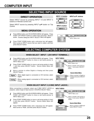 Page 2525
COMPUTER INPUT
Press MENU button and ON-SCREEN MENU will appear.  Press
POINT LEFT/RIGHT button to move a red frame pointer to
INPUT Menu icon.
Press POINT DOWN button and a red-arrow icon will appear.
Move arrow to RGB, and then press SELECT button.  
1
3
When connecting to computer output use 5 BNC INPUT JACKS on
projector, select a type of input source in SOURCE SELECT Menu.
WHEN SELECT INPUT 2 (5 BNC INPUT JACKS )
SELECTING COMPUTER SYSTEM
WHEN SELECT  INPUT 1 (DVI INPUT TERMINAL )
Press MENU...