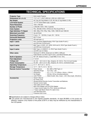 Page 49Owner’s Manual
AC Power Cord
Wireless/Wired Remote Control Transmitter and Batteries
Remote Control Cable
VGA Cable and DVI Cable
MAC/VGA Adapter and DVI/VGA Adapter
3 Types Control Cable (For PS/2, Serial and ADB port) 
3 Types Light-Block Sheet (For option lens)
Lens Mounting Parts
Protective Dust CoverAccessories
49
APPENDIX
TECHNICAL SPECIFICATIONS
1.8 TFT Active Matrix type, 3 panels
Multi-media Projector
49.7 lbs (22.5 kg) Model LC-X5, 46.3 lbs (21 kg) Model LC-X5L
17.3 x 9.1 x 23.8 (439 mm x 230...