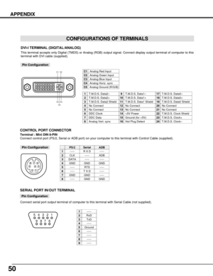 Page 5050
APPENDIX
CONFIGURATIONS OF TERMINALS
Terminal : Mini DIN 8-PIN
Connect control port (PS/2, Serial or ADB port) on your computer to this terminal with Control Cable (supplied).
12
345876
Pin Configuration
CONTROL PORT CONNECTOR
-----
CLK
DATA
GND
-----
-----
GND
-----
R X D
-----
-----
GND
RTS
T X D
GND
GND
-----
ADB
-----
GND
-----
-----
-----
GND
PS/2SerialADB
1
2
3
4
5
6
7
8
DVI-I TERMINAL (DIGITAL/ANALOG) 
This terminal accepts only Digital (TMDS) or Analog (RGB) output signal. Connect display...