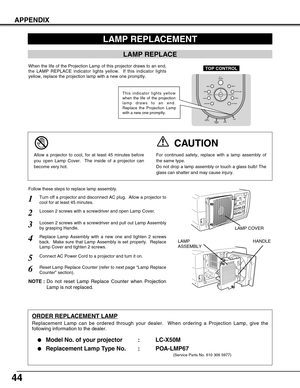 Page 4444
APPENDIX
Turn off a projector and disconnect AC plug.  Allow a projector to
cool for at least 45 minutes.
Loosen 2 screws with a screwdriver and pull out Lamp Assembly
by grasping Handle.
1
3
Replace Lamp Assembly with a new one and tighten 2 screws
back.  Make sure that Lamp Assembly is set properly.  Replace
Lamp Cover and tighten 2 screws.4
Loosen 2 screws with a screwdriver and open Lamp Cover.2
Connect AC Power Cord to a projector and turn it on.
6
Follow these steps to replace lamp assembly....