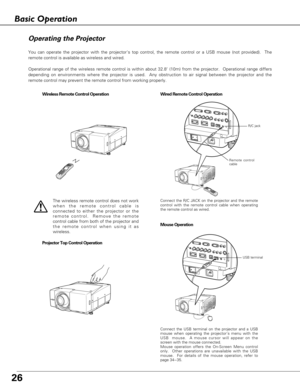 Page 2626
Operating the Projector
You can operate the projector with the projectors top control, the remote control or a USB mouse (not provided).  The
remote control is available as wireless and wired.
Operational range of the wireless remote control is within about 32.8 (10m) from the projector.  Operational range differs
depending on environments where the projector is used.  Any obstruction to air signal between the projector and the
remote control may prevent the remote control from working properly.
The...