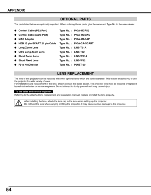 Page 5454
APPENDIX
OPTIONAL PARTS
The parts listed below are optionally supplied.  When ordering those parts, give the name and Type No. to the sales dealer.
Control Cable (PS2 Port) Type No. : POA-MCPS2
Control Cable (ADB Port) Type No. : POA-MCMAC
MAC Adapter Type No. : POA-MACAP
HDB 15 pin-SCART 21 pin Cable Type No. : POA-CA-SCART
Long Zoom Lens  Type No. : LNS-T31A
Ultra Long Zoom Lens Type No. : LNS-T32
Short Zoom Lens Type No. : LNS-W31A
Short Fixed Lens Type No. : LNS-W32
Pj-to NetDirector Type...