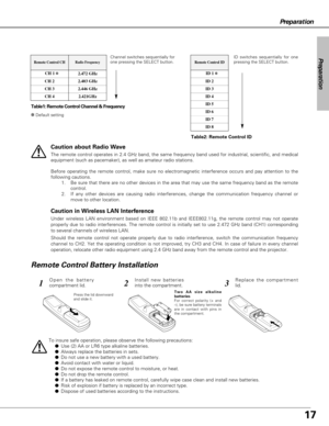 Page 1717
Preparation
Remote Control Battery Installation
To insure safe operation, please observe the following precautions:
Use (2) AA or LR6 type alkaline batteries.
Always replace the batteries in sets.
Do not use a new battery with a used battery.
Avoid contact with water or liquid.
Do not expose the remote control to moisture, or heat.
Do not drop the remote control.
If a battery has leaked on remote control, carefully wipe case clean and install new batteries.
Risk of explosion if battery is...