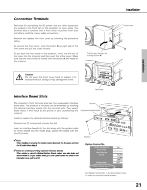 Page 2121
Installation
Terminals for connecting the AC power cord and other equipment
are located in the front part of the projector for easy setup. The
terminal area is covered with a front cover to protect from dust
and others, and hide messy cable connections.  
The projectors front terminal area has two replaceable Interface
board slots. The projectors functions can be extended by installing
the optional interface boards into the terminal slots. Two vacant
slots (Input 4 and Input 5) are provid in your...