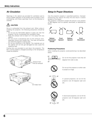 Page 66
Safety Instructions
Openings in the cabinet are provided for ventilation and to
ensure reliable operation of the product and to protect it from
overheating, and these openings must not be blocked or
covered. 
CAUTION
Hot air is exhausted from the exhaust vent. When using or
installing the projector, the following precautions should be
taken. 
–  Do not put any flammable objects or spray can near the
projector. Hot air is exhausted from ventilation holes.
–  Keep the exhaust vent at least 3.3’ (1m) away...