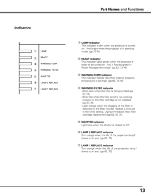 Page 13
1

Indicators
q
w
e
r
t
y
u
e	WARNING TEMP  . indicator
  This indicator flashes red when internal projector 
temperature is too high. (pp.65, 72-74)
u LAMP 1 REPLACE indicator
    Turn  orange  when  the  life  of  the  projection  lamp1 
draws to an end. (pp.61, 73)
q	LAMP Indicator
  This indicator is dim when the projector is turned 
on.  And bright when the projector is in stand-by 
mode. (pp.72-74)  
w	
READ y indicator
  This indicator lights green when the projector is 
ready to be turned...