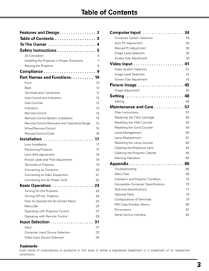 Page 3


Trademarks
Each  name  of  corporations  or  products  in  this  book  is  either  a  registered  trademark  or  a  trademark  of  its  respective 
corporation.
Table of Contents
Features and Design .  .  .  .  .  .  .  .  .  .  .  .  .  .  .  .
Table of Contents  .  .  .  .  .  .  .  .  .  .  .  .  .  .  .  .  .  .
To The Owner   .  .  .  .  .  .  .  .  .  .  .  .  .  .  .  .  .  .  .  .  .4
Safety Instructions .  .  .  .  .  .  .  .  .  .  .  .  .  .  .  .  .5
Air Circulation 6...