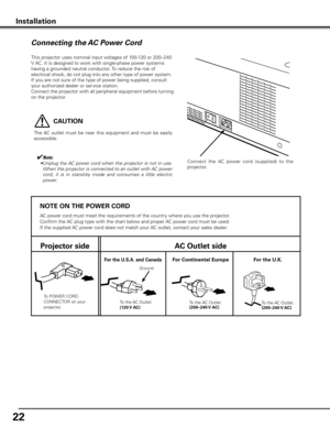 Page 22


NOTE ON THE POWER CORD
AC power cord must meet the requirements of the country where you use the projector.
Confirm the AC plug type with the chart below and proper AC power cord must be used.
If the supplied AC power cord does not match your AC outlet, contact your sales dealer.
Projector sideAC Outlet side
To POWER CORD CONNECTOR on your projector.
Ground
To the AC Outlet.(10 V AC)
For Continental EuropeFor the U  .S .A .  and CanadaFor the U  .K .
To the AC Outlet.
(00–40 V...