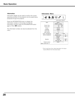 Page 28
8

Basic Operation
Information
Information display can be used to confirm the current 
operating condition of the projector and the signal being 
projected through the projector.
Press the INFORMATION button to display the 
information window on the screen. To hide the 
information window, press the INFORMATION button 
again or Point 7 8 buttons.
The information window can also be selected from the 
menu.
Information  Menu
Information Menu
* The H- and V-sync freq. values described in this figure...