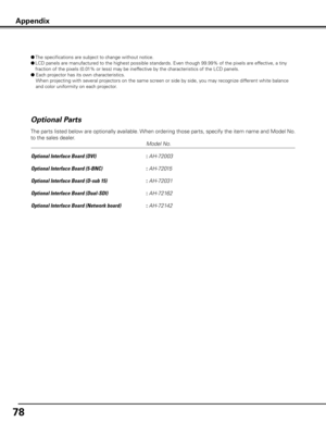 Page 78
78

Optional Parts
       Model No.
Optional Interface Board (DVI)      
: AH-72003
Optional Interface Board (5-BNC)      
: AH-72015
Optional Interface Board (D-sub 15)    
: AH-72031
Optional Interface Board (Dual-SDI)   
: AH-72162
Optional Interface Board (Network board)   
: AH-72142
The parts listed below are optionally available. When ordering those parts, specify the item name and Model No. 
to the sales dealer.
Appendix
●  The specifications are subject to change without notice.
●  LCD panels...