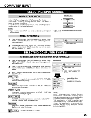 Page 2323
COMPUTER INPUT
SELECTING INPUT SOURCE
DIRECT OPERATION
Select INPUT source by pressing INPUT button on Top Control.
Select INPUT source by pressing INPUT 1, INPUT 2 or INPUT 3
button on Remote Control Unit.
If projector cannot reproduce proper image, select correct input source
through MENU OPERATION (see below).
INPUT button
Input 1
Input 2
Input 3
SELECTING COMPUTER SYSTEM
WHEN SELECT  INPUT 1 (COMPUTER INPUT TERMINALS )
Press MENU button and ON-SCREEN MENU will appear.  Press
POINT LEFT/RIGHT...