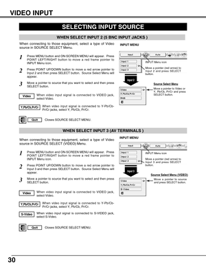 Page 3030
VIDEO INPUT
When video input signal is connected to Y-Pb/Cb-
Pr/Cr jacks, select Y, Pb/Cb, Pr/Cr.Y,Pb/Cb,Pr/Cr
SELECTING INPUT SOURCE
Press MENU button and ON-SCREEN MENU will appear.  Press
POINT LEFT/RIGHT button to move a red frame pointer to
INPUT Menu icon.1
Move a pointer to source
and press SELECT button.
Source Select Menu (VIDEO)
Move a pointer to source that you want to select and then press
SELECT button.3
When video input signal is connected to VIDEO jack,
select Video.Video
When video...