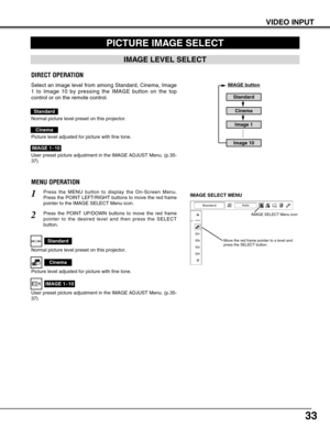 Page 3333
VIDEO INPUT
PICTURE IMAGE SELECT
Press the MENU button to display the On-Screen Menu.
Press the POINT LEFT/RIGHT buttons to move the red frame
pointer to the IMAGE SELECT Menu icon.1
2Press the POINT UP/DOWN buttons to move the red frame
pointer to the desired level and then press the SELECT
button.
IMAGE SELECT MENU
IMAGE LEVEL SELECT
Select an image level from among Standard, Cinema, Image
1 to Image 10 by pressing the IMAGE button on the top
control or on the remote control.
Move the red frame...