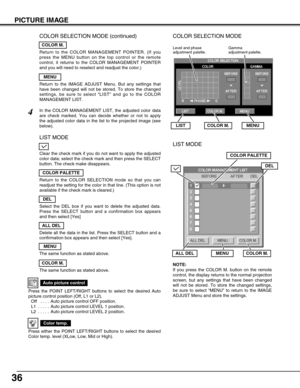 Page 3636
PICTURE IMAGE
Auto picture control
Press the POINT LEFT/RIGHT buttons to select the desired Auto
picture control position (Off, L1 or L2).Off  . . . . Auto picture control OFF position.
L1  . . . . . Auto picture control LEVEL 1 position.
L2  . . . . . Auto picture control LEVEL 2 position.
Color temp.
Press either the POINT LEFT/RIGHT buttons to select the desired
Color temp. level (XLow, Low, Mid or High). 
Clear the check mark if you do not want to apply the adjusted
color data; select the check...