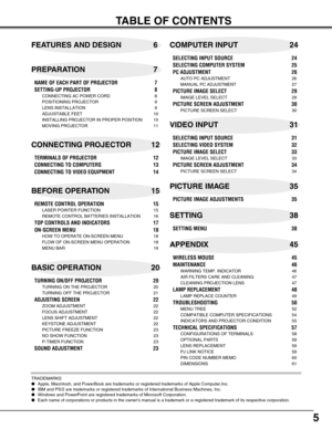 Page 55
TABLE OF CONTENTS
NAME OF EACH PART OF PROJECTOR 7
SETTING-UP PROJECTOR 8
CONNECTING AC POWER CORD 8
POSITIONING PROJECTOR 9
LENS INSTALLATION 9
ADJUSTABLE FEET 10
INSTALLING PROJECTOR IN PROPER POSITION 10
MOVING PROJECTOR 11
TERMINALS OF PROJECTOR 12
CONNECTING TO COMPUTERS 13
CONNECTING TO VIDEO EQUIPMENT 14
REMOTE CONTROL OPERATION 15
LASER POINTER FUNCTION 15
REMOTE CONTROL BATTERIES INSTALLATION 16
TOP CONTROLS AND INDICATORS 17
ON-SCREEN MENU 18
HOW TO OPERATE ON-SCREEN MENU 18
FLOW OF ON-SCREEN...