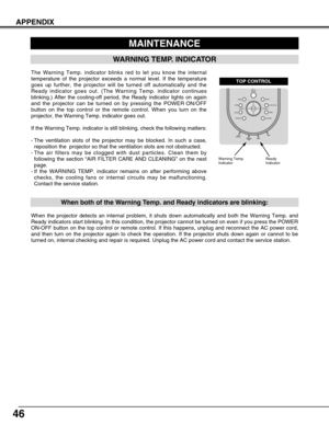 Page 4646
MAINTENANCE
WARNING TEMP. INDICATOR
The Warning Temp. indicator blinks red to let you know the internal
temperature of the projector exceeds a normal level. If the temperature
goes up further, the projector will be turned off automatically and the
Ready indicator goes out. (The Warning Temp. indicator continues
blinking.) After the cooling-off period, the Ready indicator lights on \
again
and the projector can be turned on by pressing the POWER ON/OFF
button on the top control or the remote control....