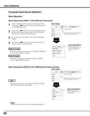 Page 3232
Press the MENU button to display the On-Screen Menu. 
Use the Point 7 8 buttons to move the red frame pointer 
to the INPUT Menu icon.
Use the Point ed buttons to move the red arrow pointer 
to the desired input and then press the SELECT button.  
Then you can switch to the desired input. 1
2
Use the Point ed buttons to select the desired source 
and then press the SELECT button.
3
RGB (PC analog)
Menu Operation
Input Selection
Input 1
INPUT MENU
Move the pointer (red 
arrow) to the desired source...