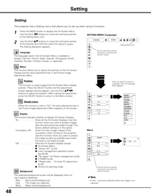 Page 4848
Press the MENU button to display the On-Screen Menu. 
Use the Point 7 8 buttons to move the red frame pointer 
to the Setting Menu icon.1
2
Language
The language used in the On-Screen Menu is available in 
English, German, French, Italian, Spanish, Portuguese, Dutch, 
Swedish, Russian, Chinese, Korean, or Japanese. Use the Point ed buttons to move the red frame pointer 
to the desired item and then press the 
SELECT button. 
The Setting dialog box appears.
Press the SELECT button at 
Language, then...