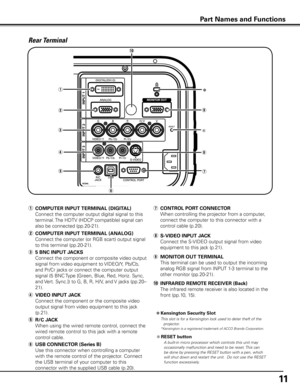 Page 11
11

Rear Terminal
t	R/C JACK
  When using the wired remote control, connect the 
wired remote control to this jack with a remote 
control cable.
y	USB CONNECTOR (Series B)
  Use this connector when controlling a computer 
with the remote control of the projector. Connect 
the USB terminal of your computer to this 
connector with the supplied USB cable (p.20).
i	S-VIDEO INPUT JACK
  Connect the S-VIDEO output signal from video 
equipment to this jack (p.21).
o	MONITOR OUT TERMINAL
  This terminal can be...