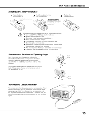 Page 15
15

Remote Control Battery Installation
123
Open the battery 
compartment lid.
Install new batteries into 
the compartment.
Replace the 
compartment lid.
Press the lid downward and slide it.Two AAA size batteriesFor correct polarity (+ and –), be sure battery terminals are in contact with pins in the compartment.
To insure safe operation, please observe the following precautions :
 ● Use two (2) AAA or LR03 type alkaline batteries.
  ● Always replace batteries in sets.
  ● Do not use a new battery with...