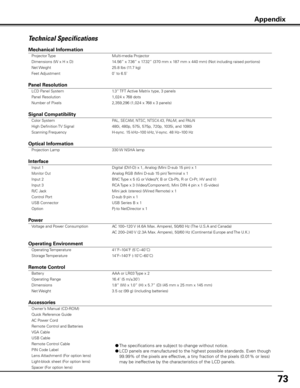 Page 73
7

Technical Specifications
Mechanical Information 
 Projector Type  Multi-media Projector 
  Dimensions (W x H x D)  14.56” x 7.36” x 17.32” (370 mm x 187 mm x 440 mm) (Not including raised portions)
 
  Net Weight  25.8 lbs (11.7 kg)
 
  Feet Adjustment  0˚ to 6.5˚           
              
Panel Resolution 
 LCD Panel System  1.3” TFT Active Matrix type, 3 panels  
  Panel Resolution  1,024 x 768 dots
 
  Number of Pixels  2,359,296 (1,024 x 768 x 3 panels)           
            
Signal...