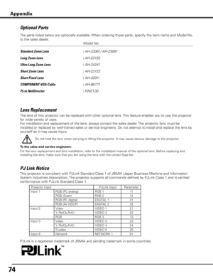 Page 74
74

Optional Parts
Lens Replacement
The lens of this projector can be replaced with other optional lens. This feature enables you to use the projector 
for wide variety of uses.
For installation and replacement of the lens, always contact the sales dealer. The projector lens must be 
installed or replaced by well-trained sales or service engineers. Do not attempt to install and replace the lens by 
yourself as it may cause injury.
Do not hold the lens when carrying or lifting the projector. It may cause...