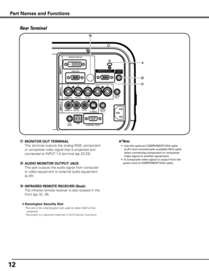 Page 1212
Rear Terminal
Part Names and Functions
!2	AUDIO MONITOR OUTPUT JACK
  This jack outputs the audio signal from computer 
or video equipment to external audio equipment 
(p.24).
✽ Kensington Security Slot
  This slot is for a Kensington lock used to deter theft of the 
projector.
  *Kensington is a registered trademark of ACCO Brands Corporation.
!3	 INFRARED REMOTE RECEIVER (Back)
  The infrared remote receiver is also located in the 
front (pp.10, 16).
✽
!3
!2
!1
!1	MONITOR OUT TERMINAL
  This...